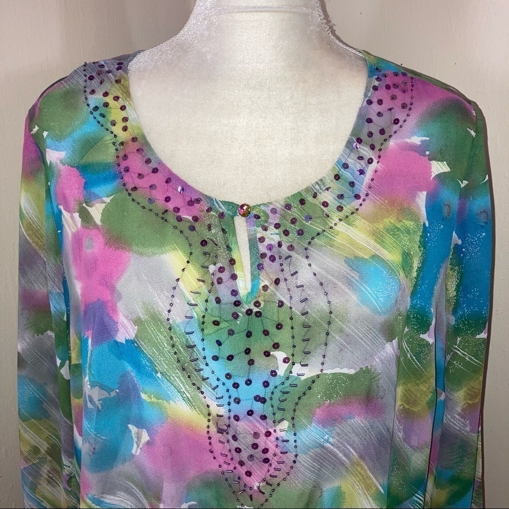 2/$25 Fashion Bug Sheer Chiffon Sequin Bead Top XL - Picture 2 of 3
